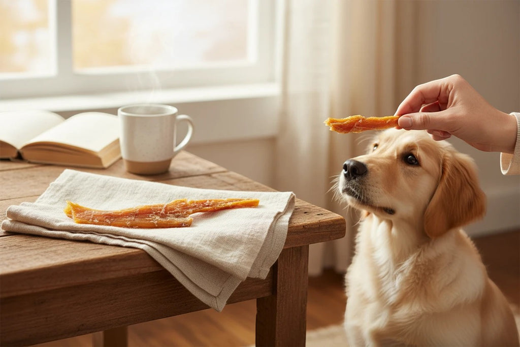 Oh Canada Gifts 8-12 inch natural beef tendon dog chew being offered to a golden retriever in a cozy home setting.
