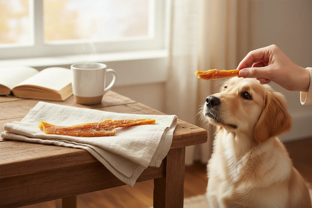 Oh Canada Gifts 8-12 inch natural beef tendon dog chew being offered to a golden retriever in a cozy home setting.