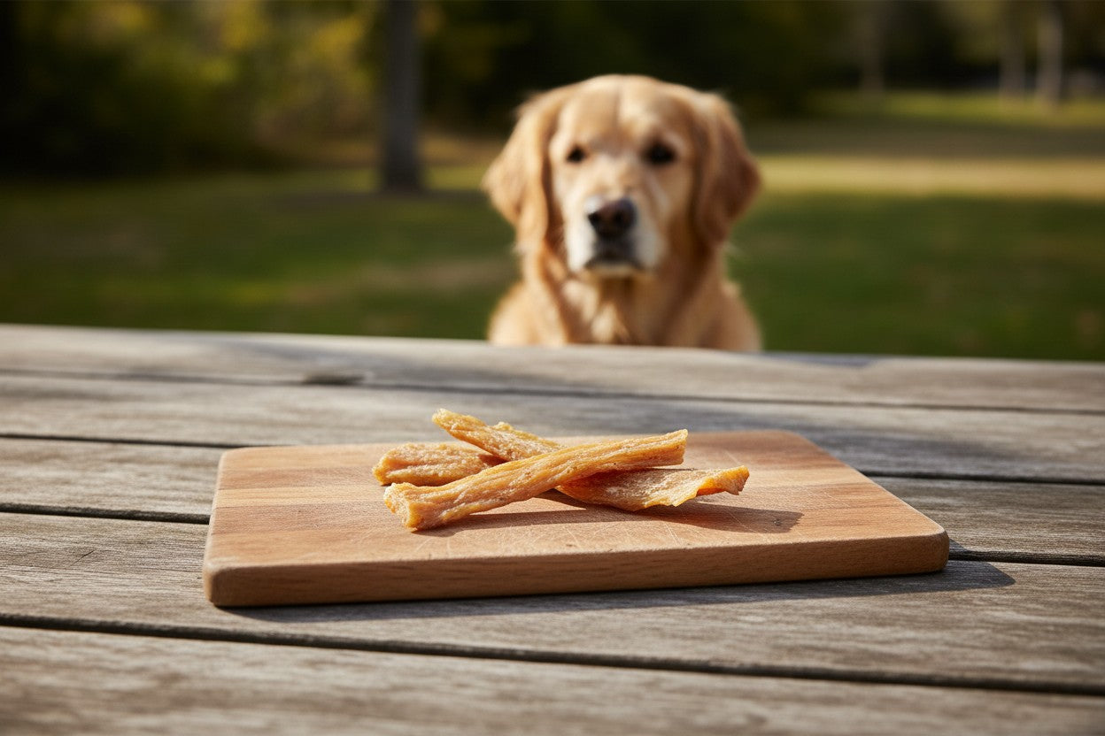 Oh Canada Gifts natural beef tendon dog chew on a wooden board with a golden retriever waiting in the background