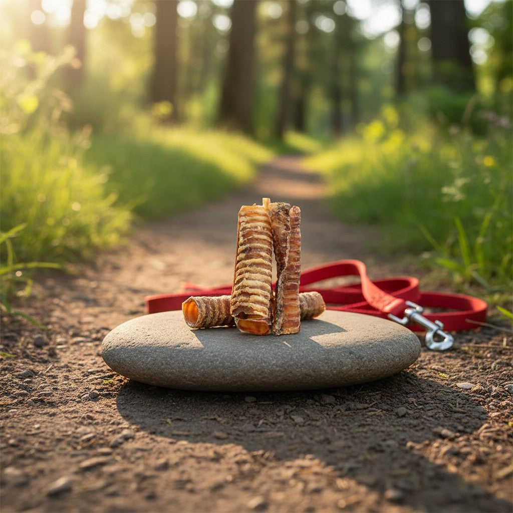 Oh Canada Gifts 6-inch natural air-dried beef trachea dog chew resting on a stone in a forest setting