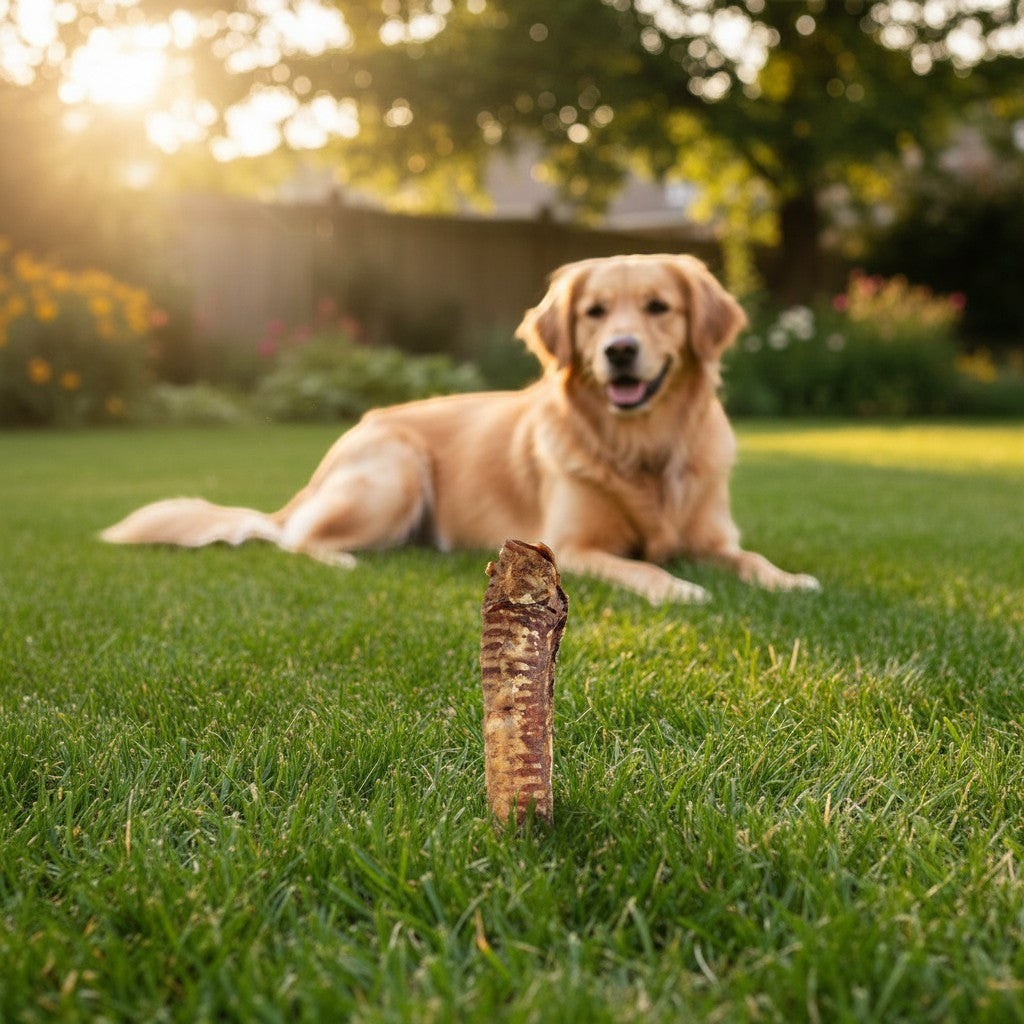 Oh Canada Gifts 10-inch natural beef trachea dog chew standing in green grass with a golden retriever in the background