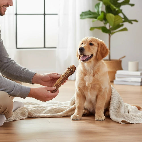 Oh Canada Gifts 10-inch natural beef trachea dog chew being held by a man for a happy golden retriever puppy