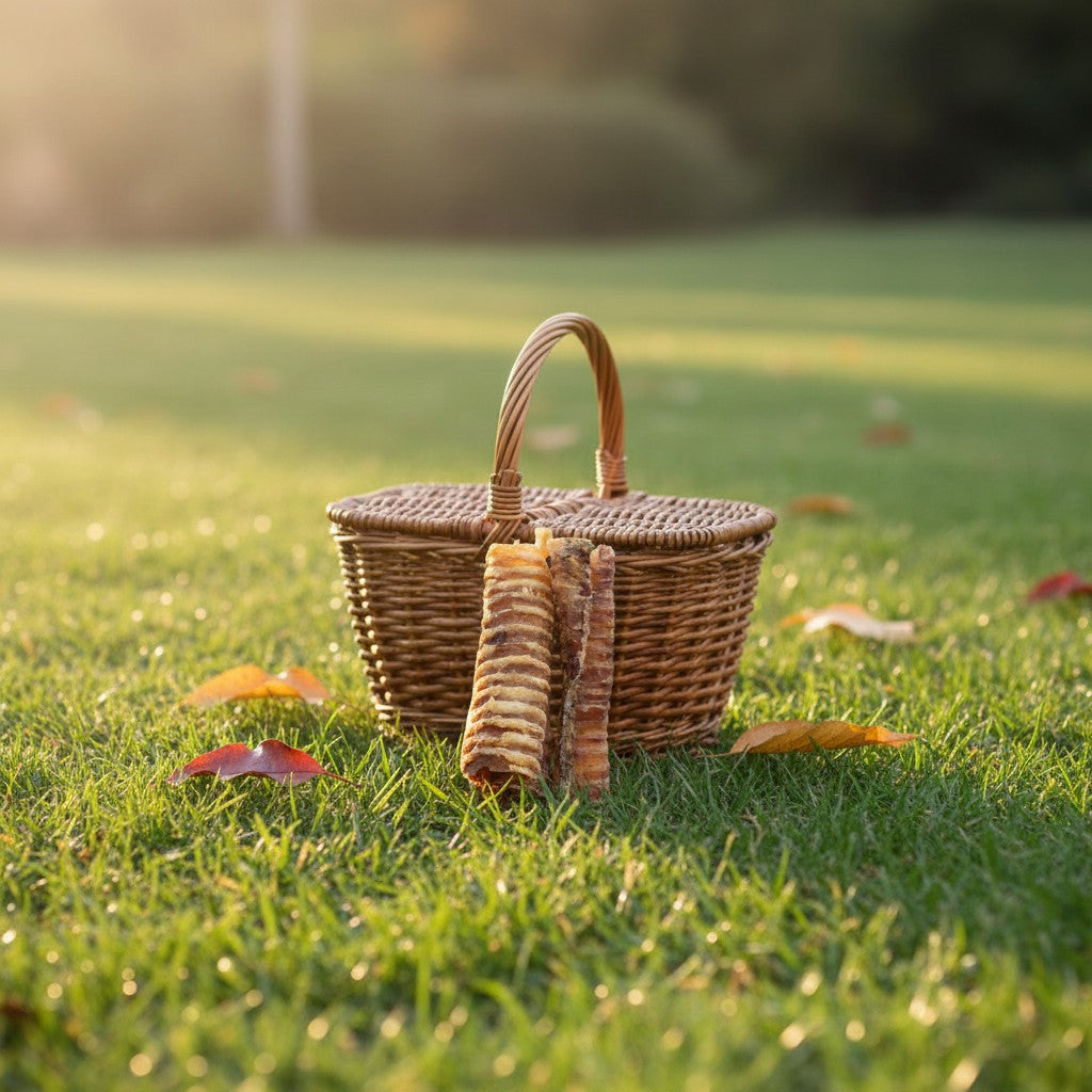 Oh Canada Gifts 6-inch natural air-dried beef trachea dog chew standing in front of a wicker basket on green grass.