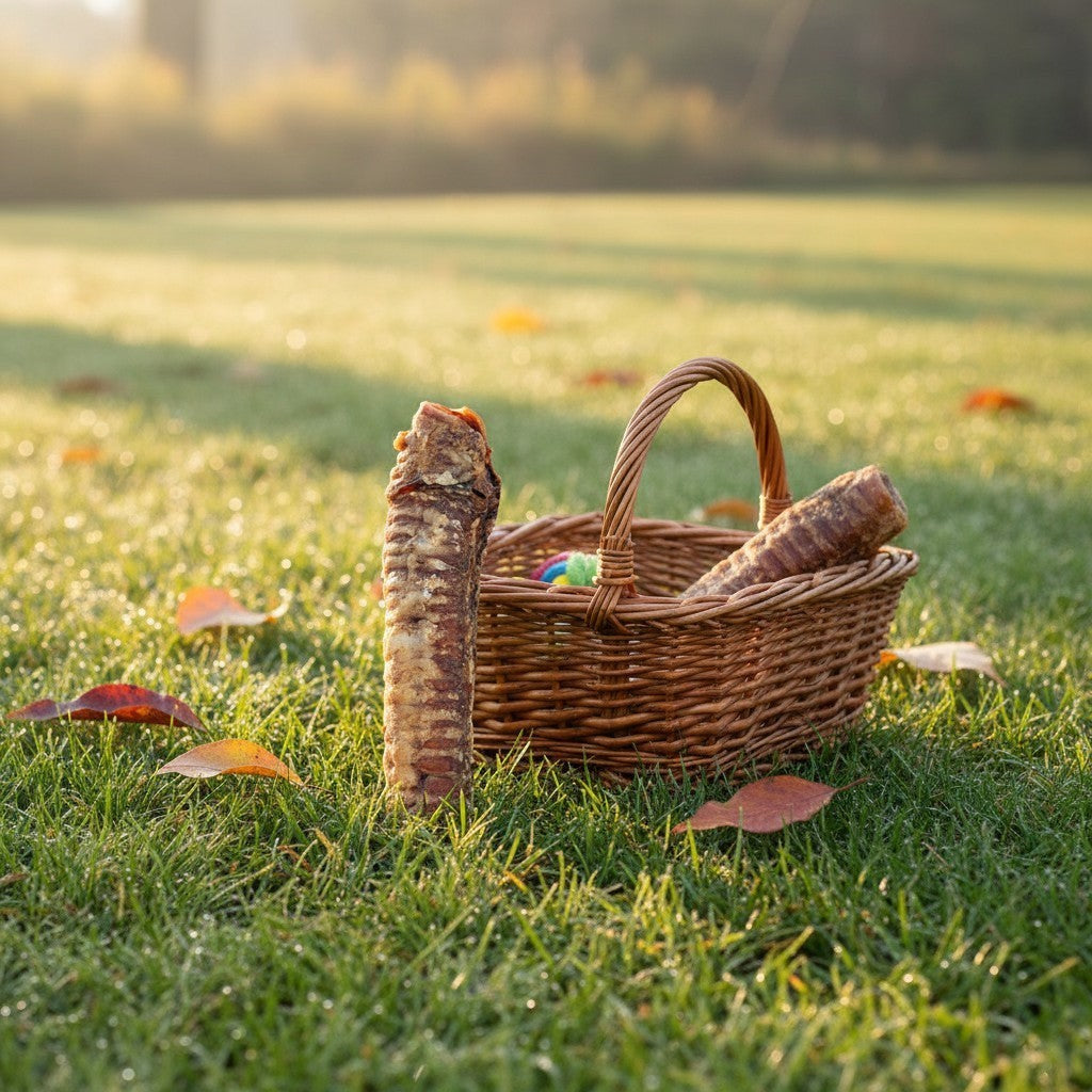 Oh Canada Gifts 10-inch natural air-dried beef trachea dog chew standing in a grassy field next to a wicker basket