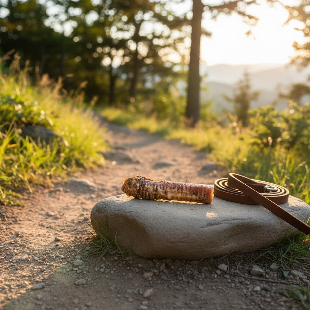 Oh Canada Gifts 10-inch natural beef trachea dog chew resting on a stone path in a sunny outdoor setting.