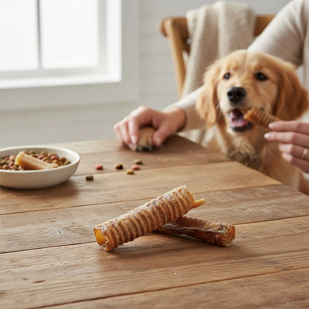 Oh Canada Gifts 6-inch natural air-dried beef trachea dog chew on a wooden table with a golden retriever in the background