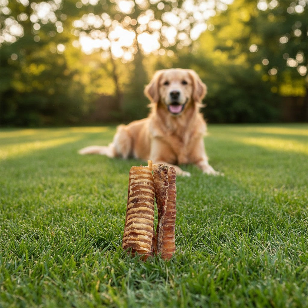 Oh Canada Gifts 6-inch natural air-dried beef trachea dog chew standing in green grass with a golden retriever in back