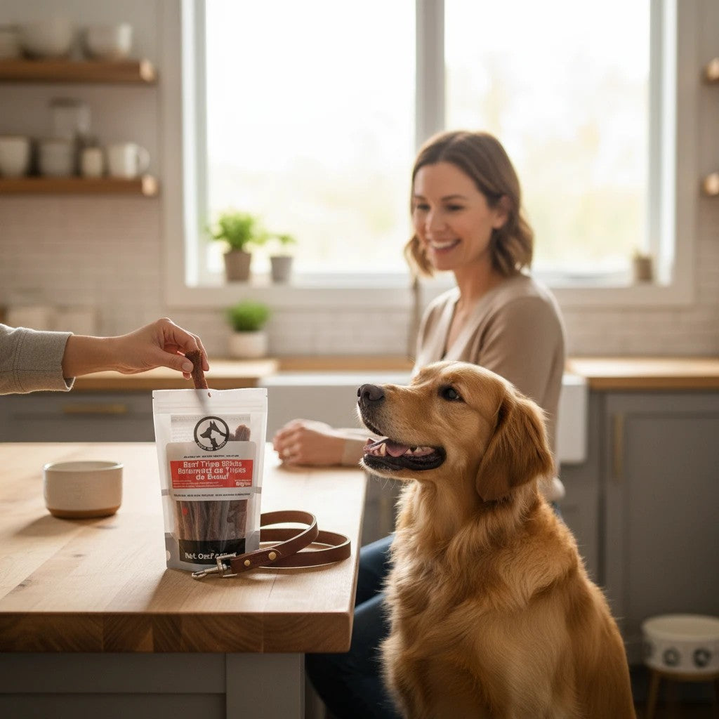 Oh Canada Gifts beef tripe sticks for dogs being served to a golden retriever in a bright kitchen setting