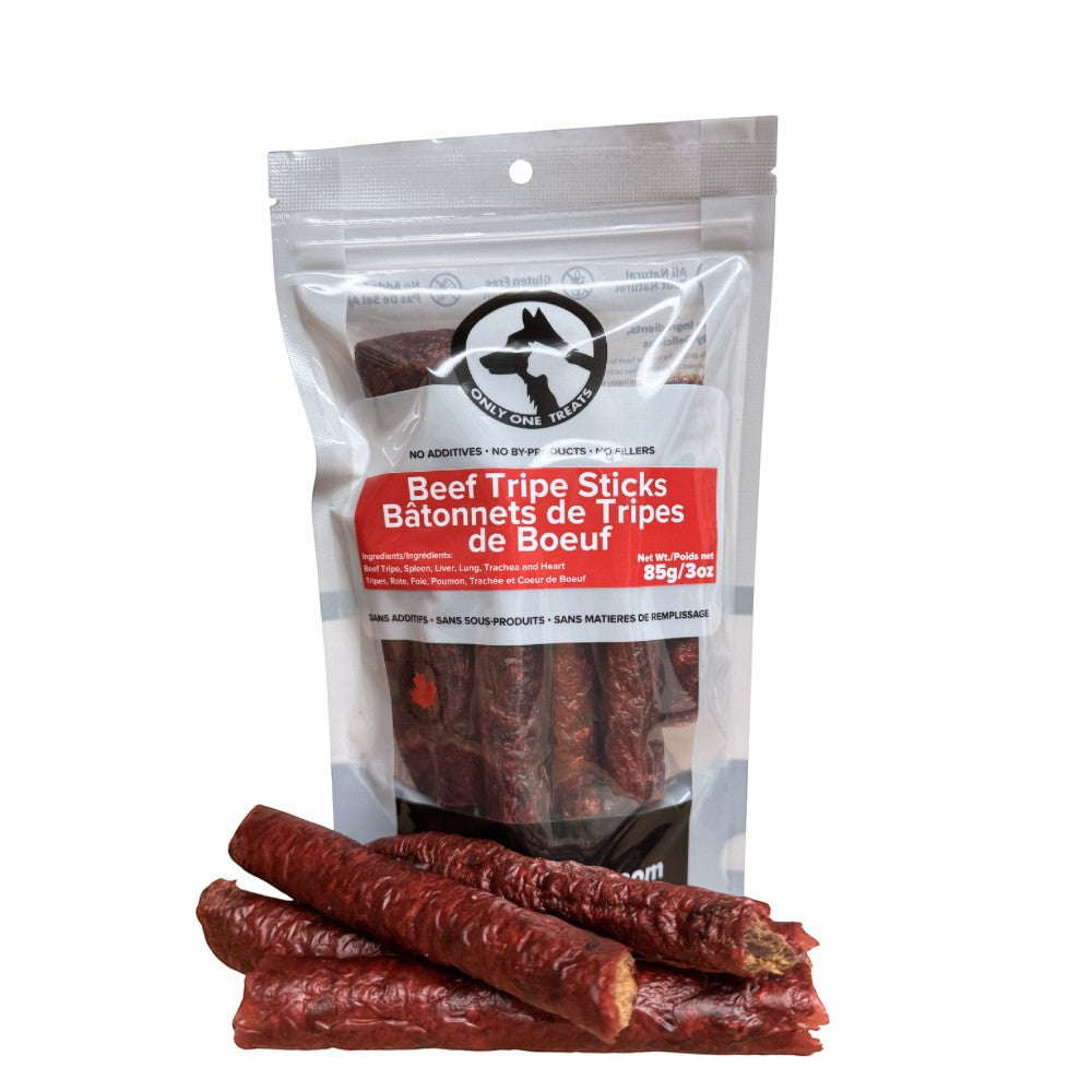 Oh Canada Gifts beef tripe sticks for dogs in a resealable pouch, featuring natural air-dried Canadian beef treats.