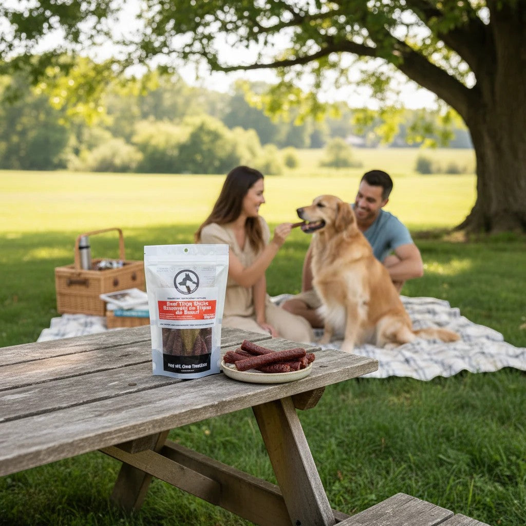 Oh Canada Gifts beef tripe sticks in a bag on a picnic table with a couple feeding their dog in the background