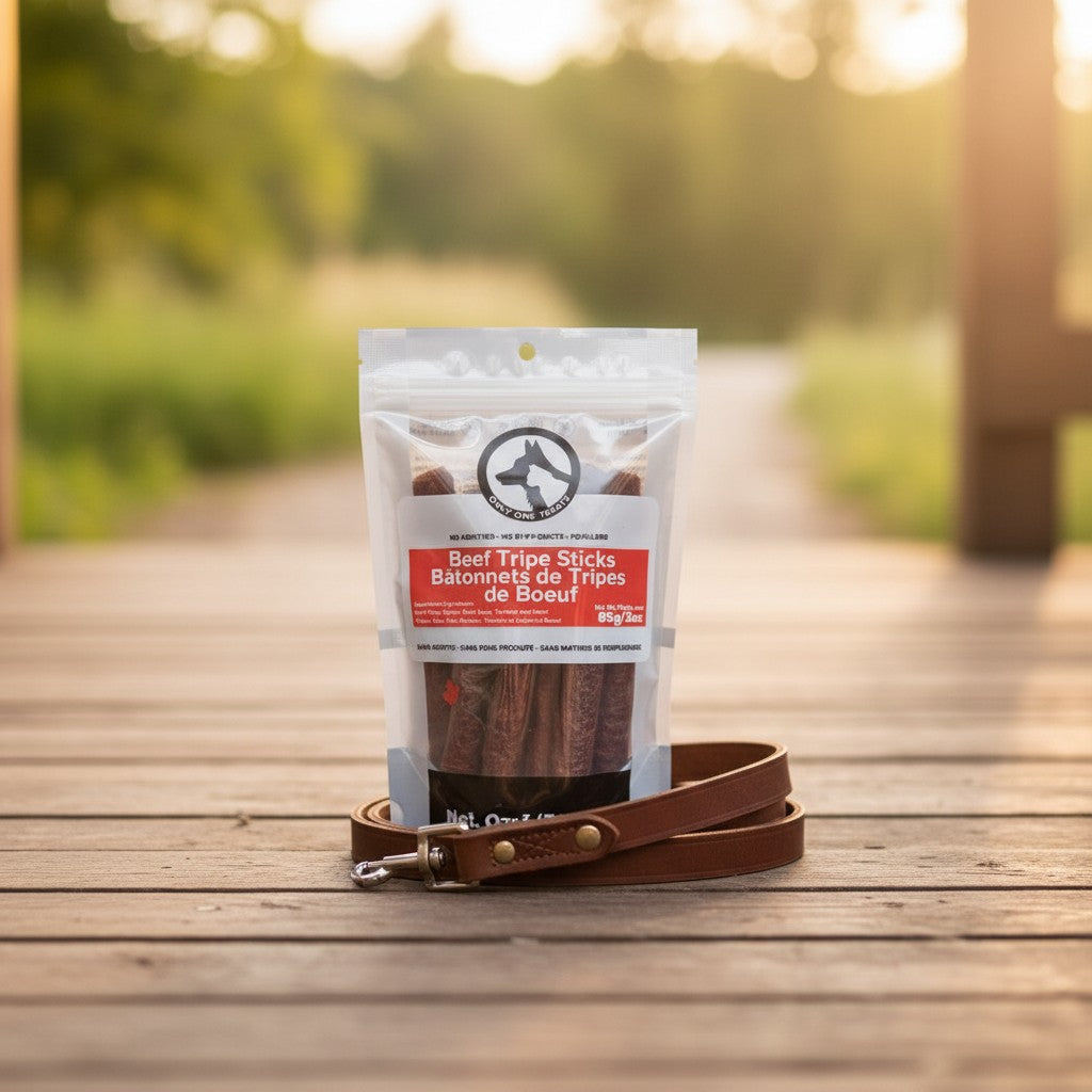 Oh Canada Gifts Beef Tripe Sticks dog treats in a clear pouch with a leather leash on a wooden deck at sunset.