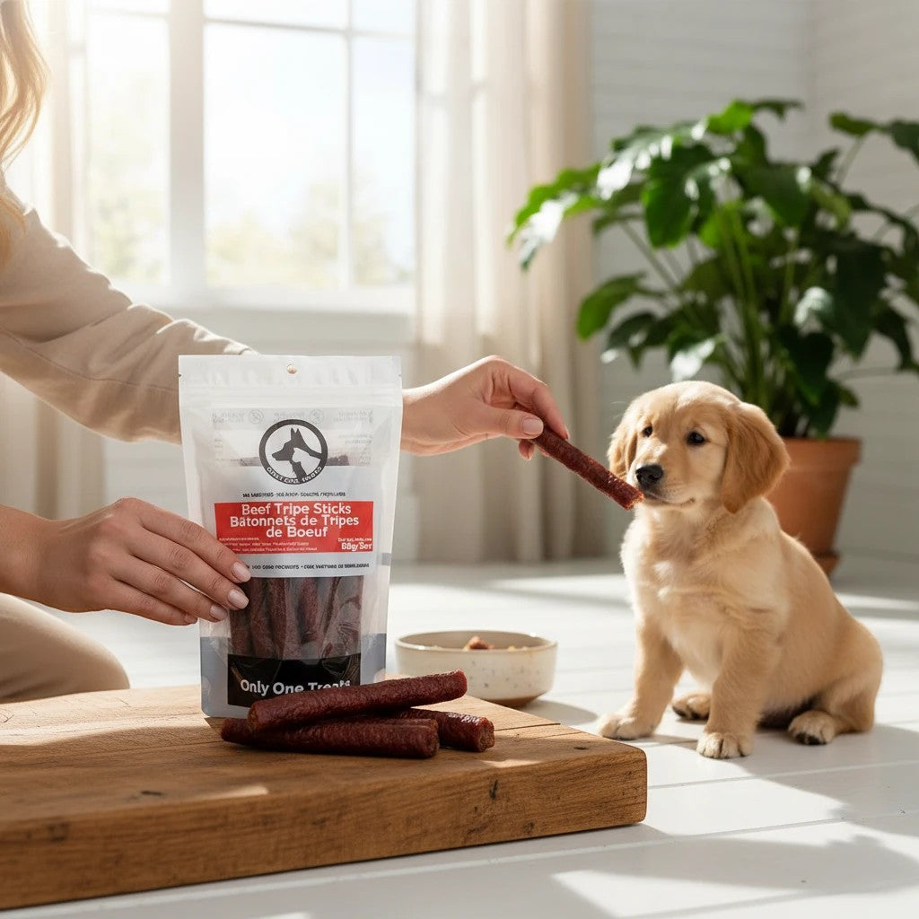 Oh Canada Gifts beef tripe sticks being offered to a golden retriever puppy in a bright, sunlit home setting.