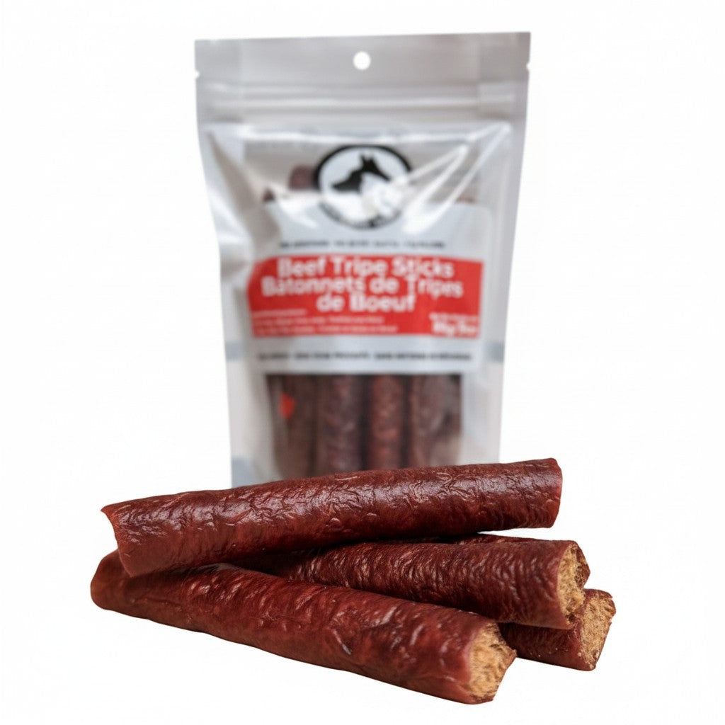 Oh Canada Gifts air-dried beef tripe dog chew sticks in a resealable pouch