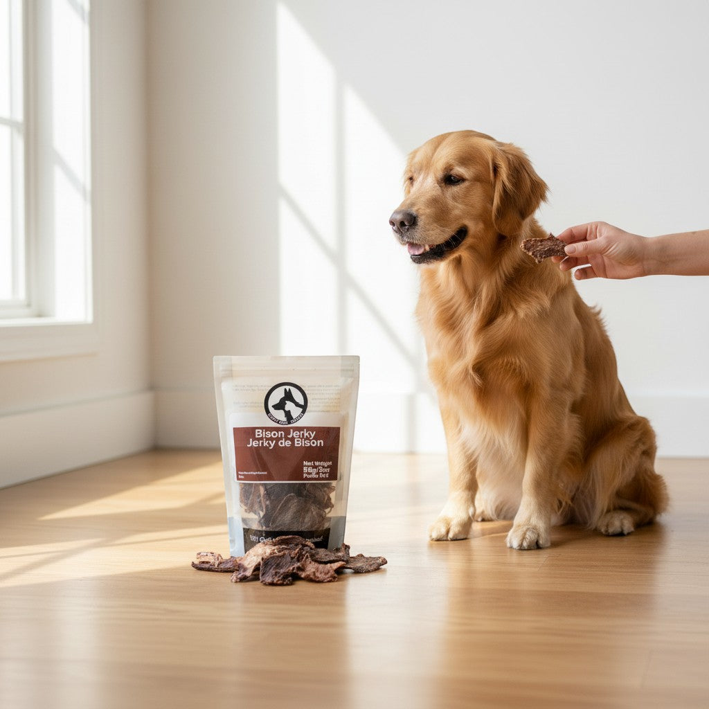 Oh Canada Gifts bison jerky treat bag next to a golden retriever being fed a piece of jerky by hand