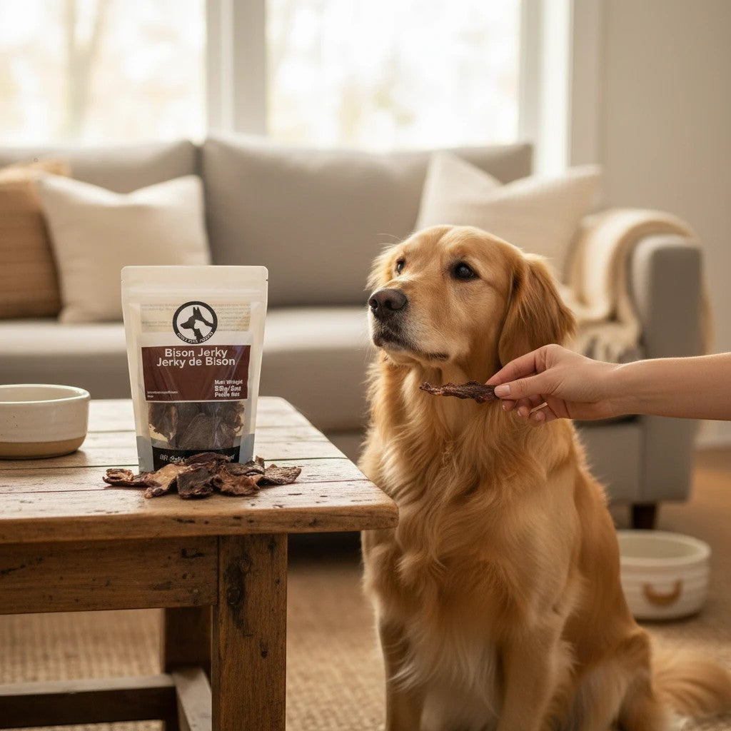 Oh Canada Gifts bison jerky treat being offered to a golden retriever sitting by a wooden table in a living room