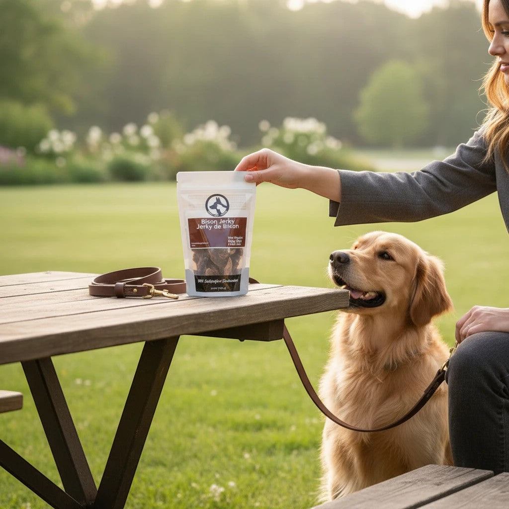 Oh Canada Gifts bison jerky dog treat bag held by a woman sitting at a wooden table with a golden retriever outdoors