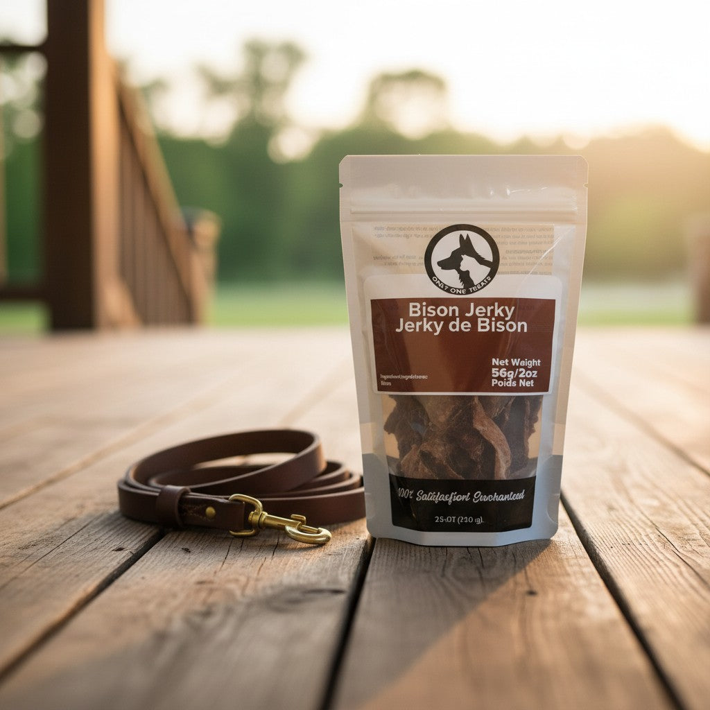 Oh Canada Gifts 56g bag of slow-cooked bison jerky for dogs, placed on a wooden deck next to a brown leather leash.
