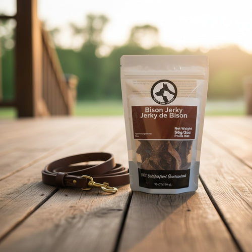 Oh Canada Gifts 56g bag of slow-cooked bison jerky for dogs, placed on a wooden deck next to a brown leather leash.