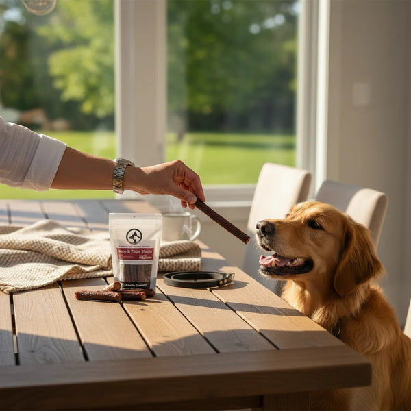 Oh Canada Gifts bison and tripe dog treat sticks being offered to a golden retriever at a wooden dining table