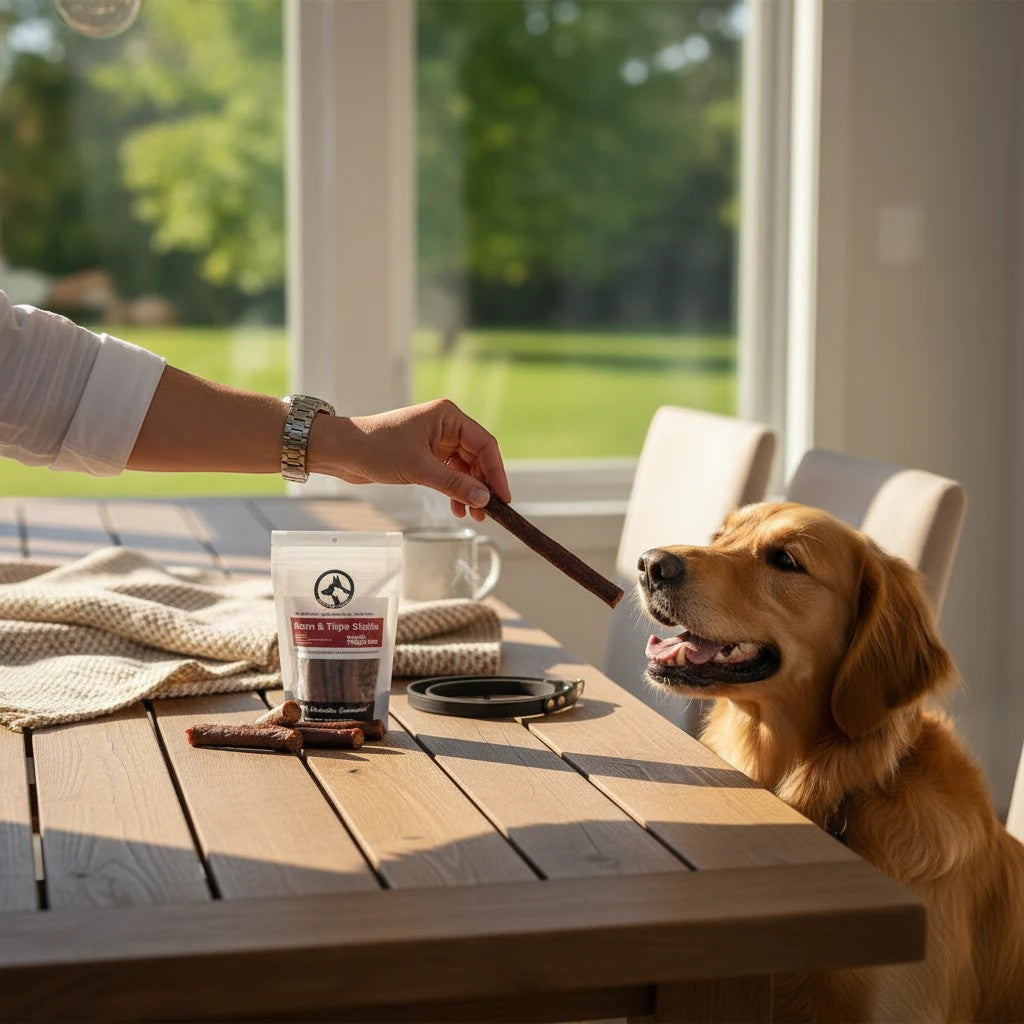 Oh Canada Gifts bison and tripe dog treat sticks being offered to a golden retriever at a wooden dining table