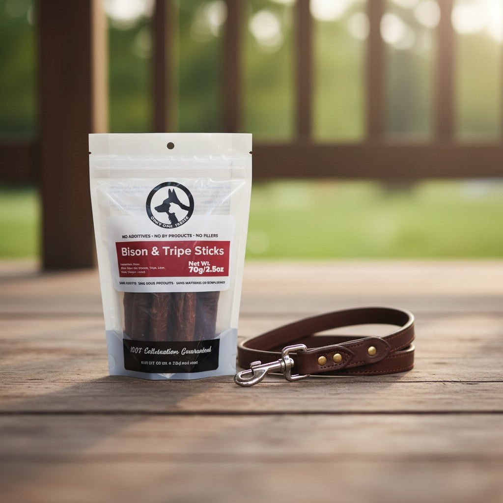 Oh Canada Gifts bison and tripe dog treat sticks in a 70g pouch next to a brown leather leash on a wooden deck.