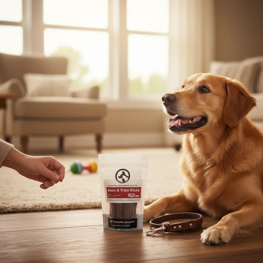 Oh Canada Gifts Bison and Tripe Sticks dog treats in a pouch next to a golden retriever waiting for a reward