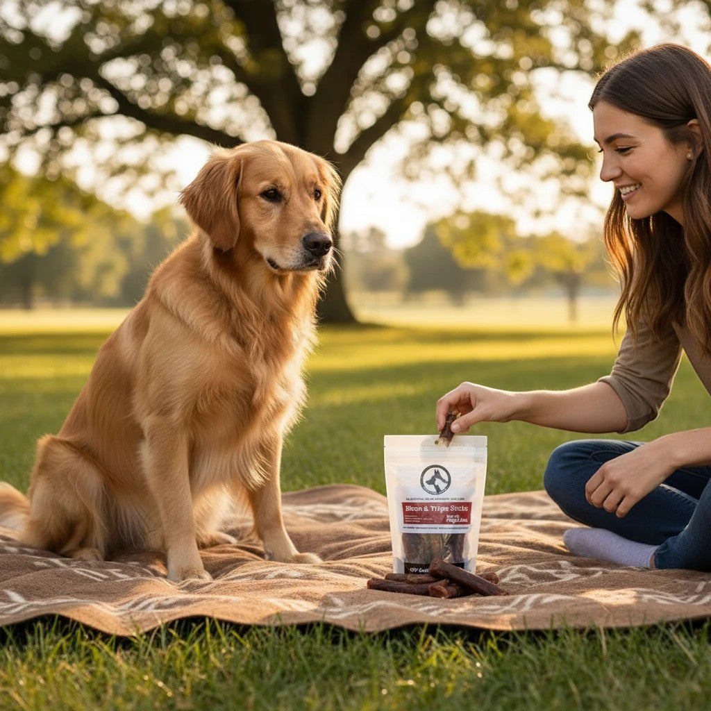 Oh Canada Gifts Bison and Tripe dog treat sticks being fed to a golden retriever in a sunny park setting