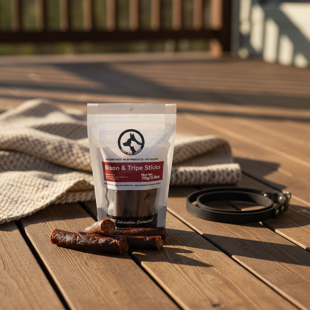 Oh Canada Gifts Bison and Tripe Sticks dog treats in a clear pouch on a wooden deck with a leash.