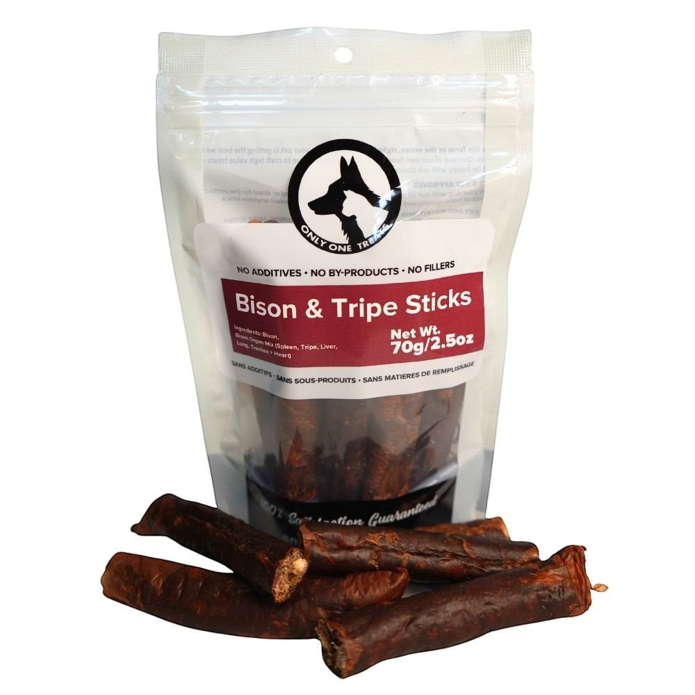 Oh Canada Gifts Bison and Tripe Sticks air-dried natural dog treat chews in a 70g resealable pouch