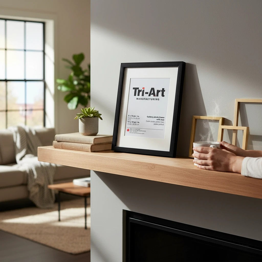 Oh Canada Gifts handmade black recycled photo frame with mat board displayed on a wooden mantelpiece