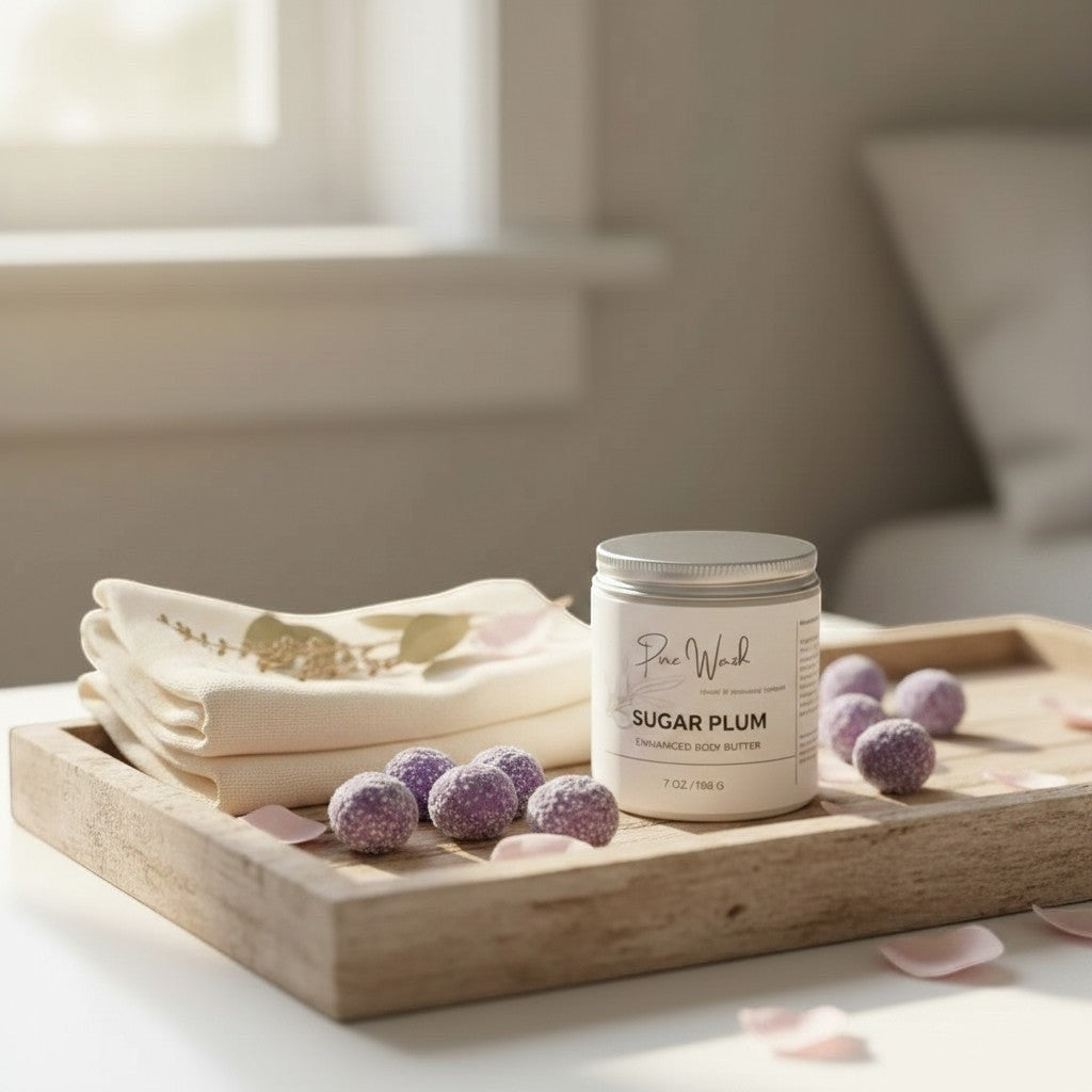 Oh Canada Gifts body butter jar with purple sugar plum bath treats on a wooden tray with a folded cloth.