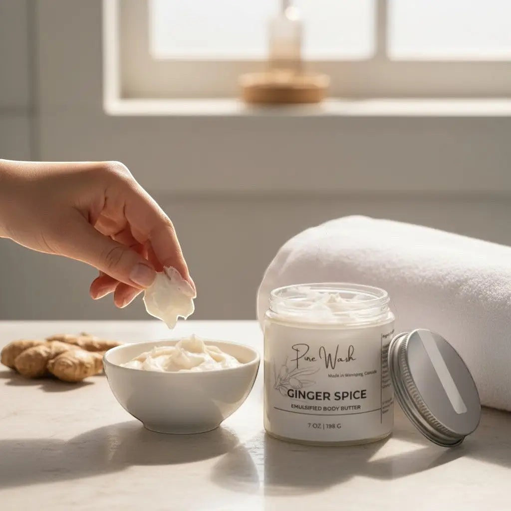 Oh Canada Gifts hand scooping rich, creamy body lotion from a small white bowl next to a jar and a soft towel.