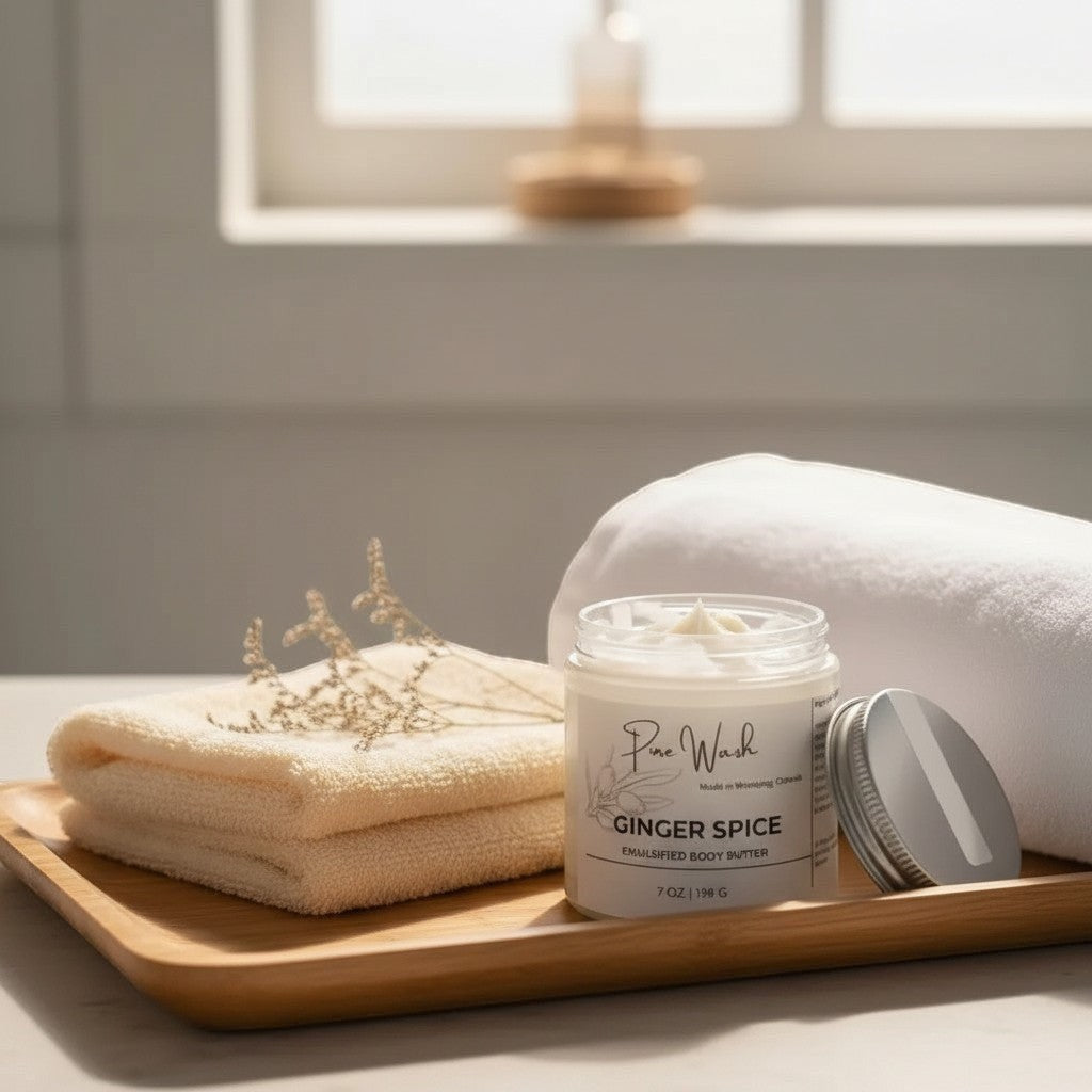 Oh Canada Gifts body lotion jar with a silver lid on a wooden tray next to a folded white towel and dried flowers.