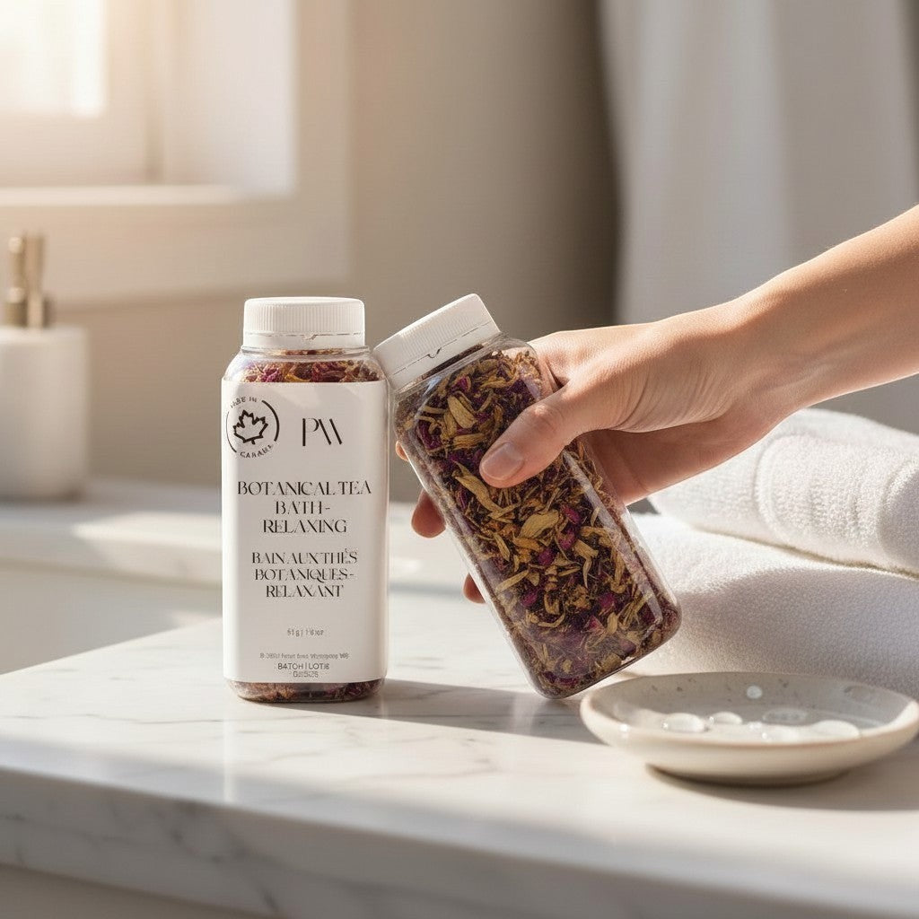 Oh Canada Gifts herbal tea bath soak with dried flower petals in a clear bottle held over a marble bathroom counter.