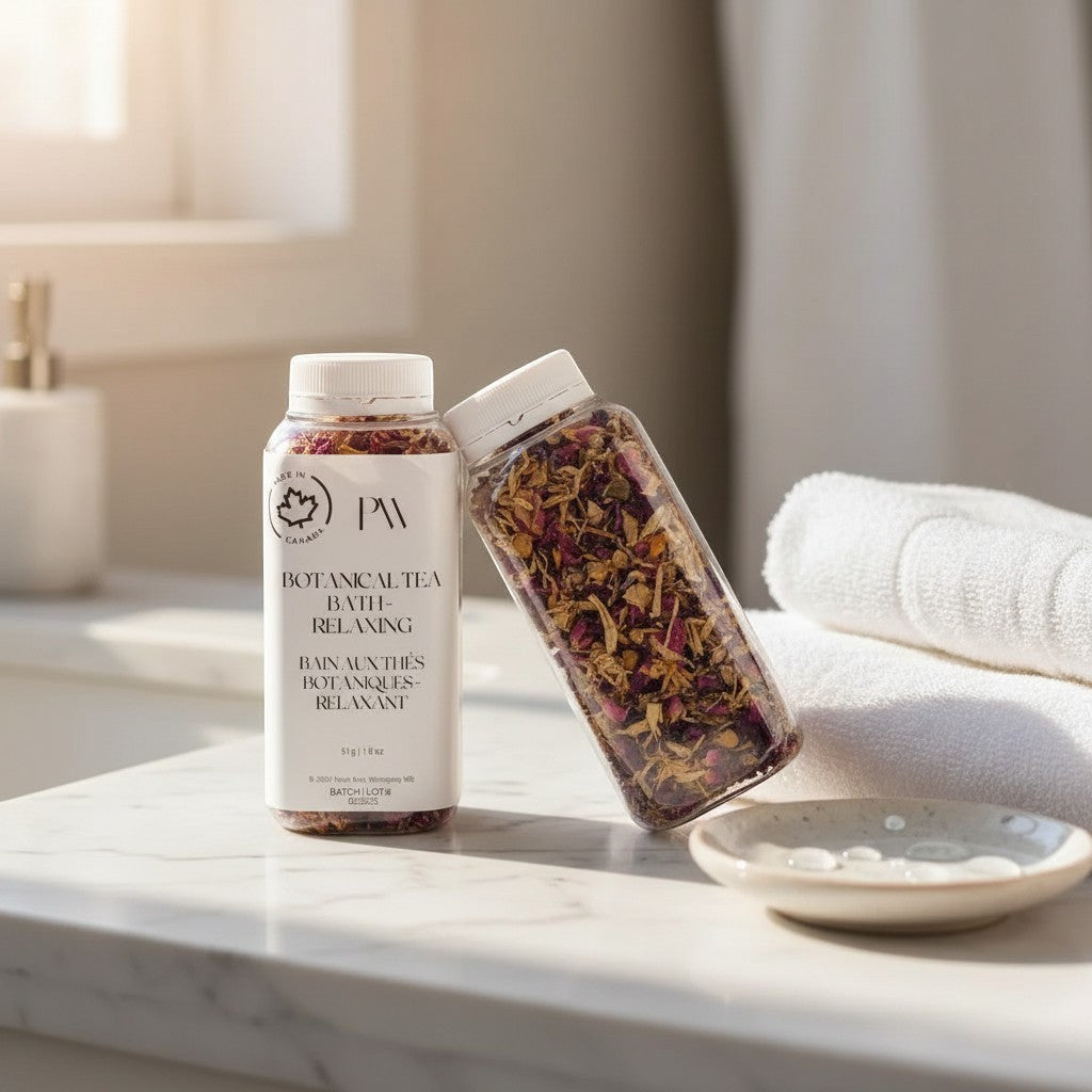 Oh Canada Gifts botanical tea bath soak in clear bottles with dried flower petals on a marble bathroom counter.