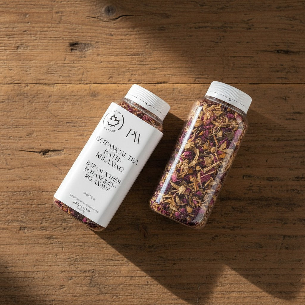 Oh Canada Gifts botanical tea bath soak with dried flower petals and herbs in clear bottles on a wooden surface.