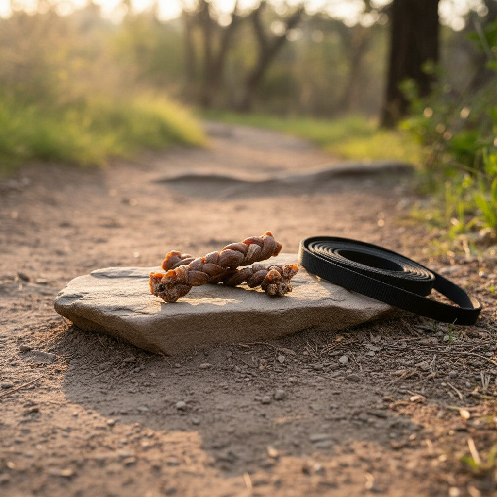 Oh Canada Gifts braided lamb gullet dog chew on a stone path in a forest setting with a black leash nearby