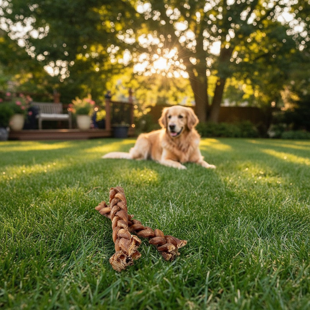 Oh Canada Gifts braided lamb gullet dog chew on green grass with a Golden Retriever resting in the sunny background