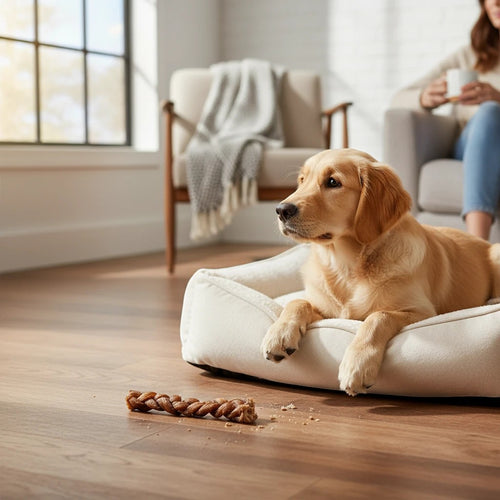Oh Canada Gifts braided lamb gullet dog chew lying on a wooden floor near a golden retriever resting on a dog bed