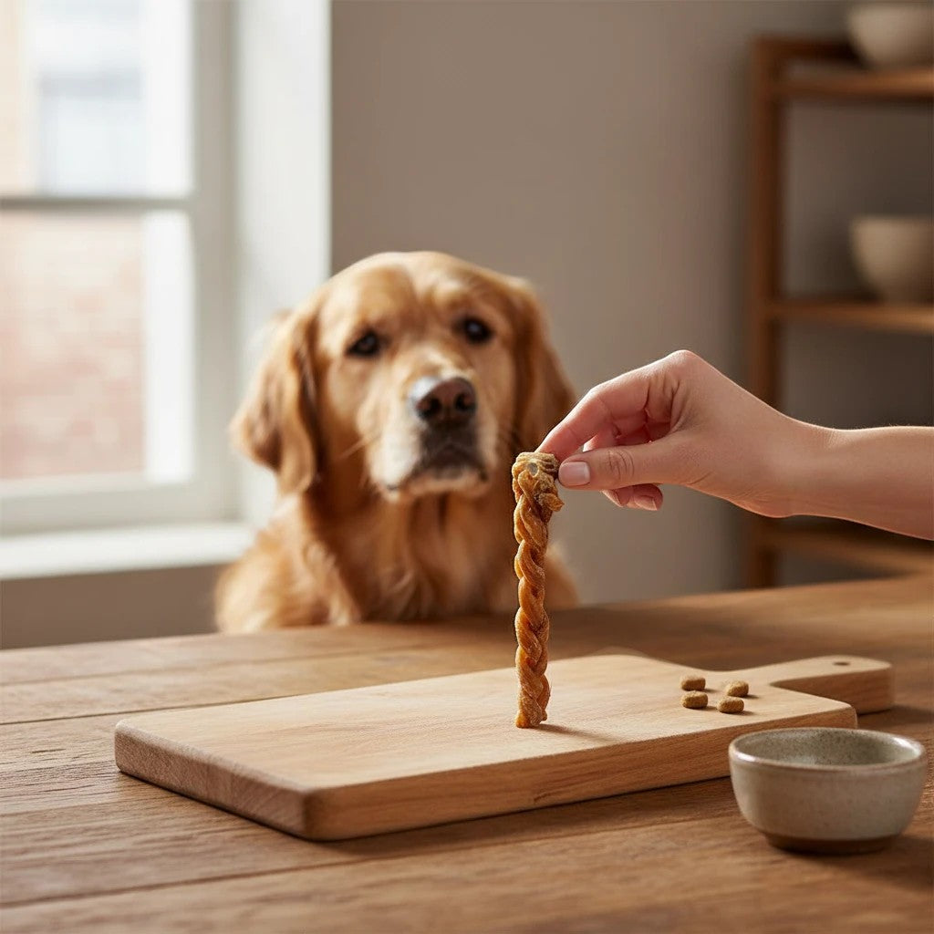 Oh Canada Gifts braided lamb gullet dog chew held by a hand with a golden retriever watching in the background