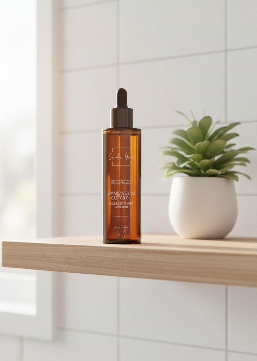 Oh Canada Gifts Canadian Grace organic Jamaican black castor oil in an amber glass dropper bottle on a wooden shelf.