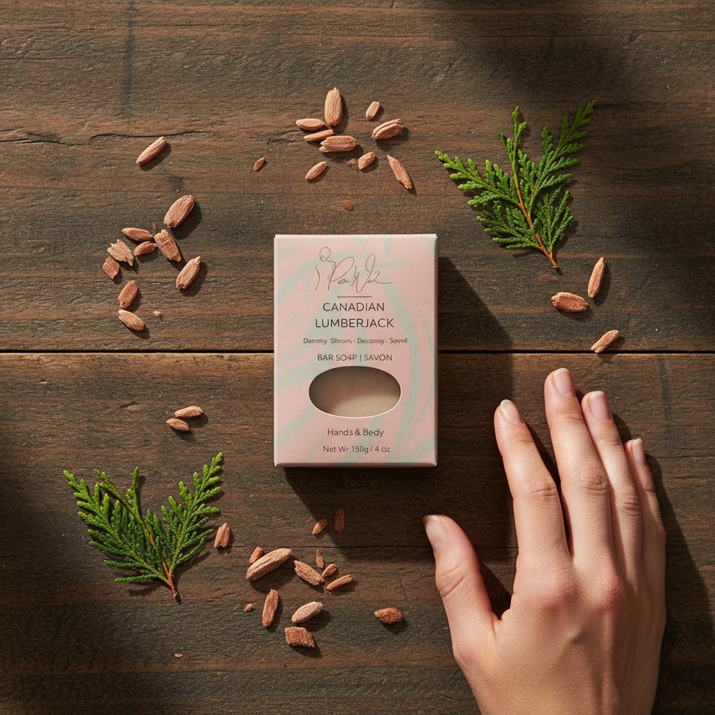 Oh Canada Gifts Canadian Lumberjack soap bar in pink packaging on a rustic wooden surface with cedar sprigs