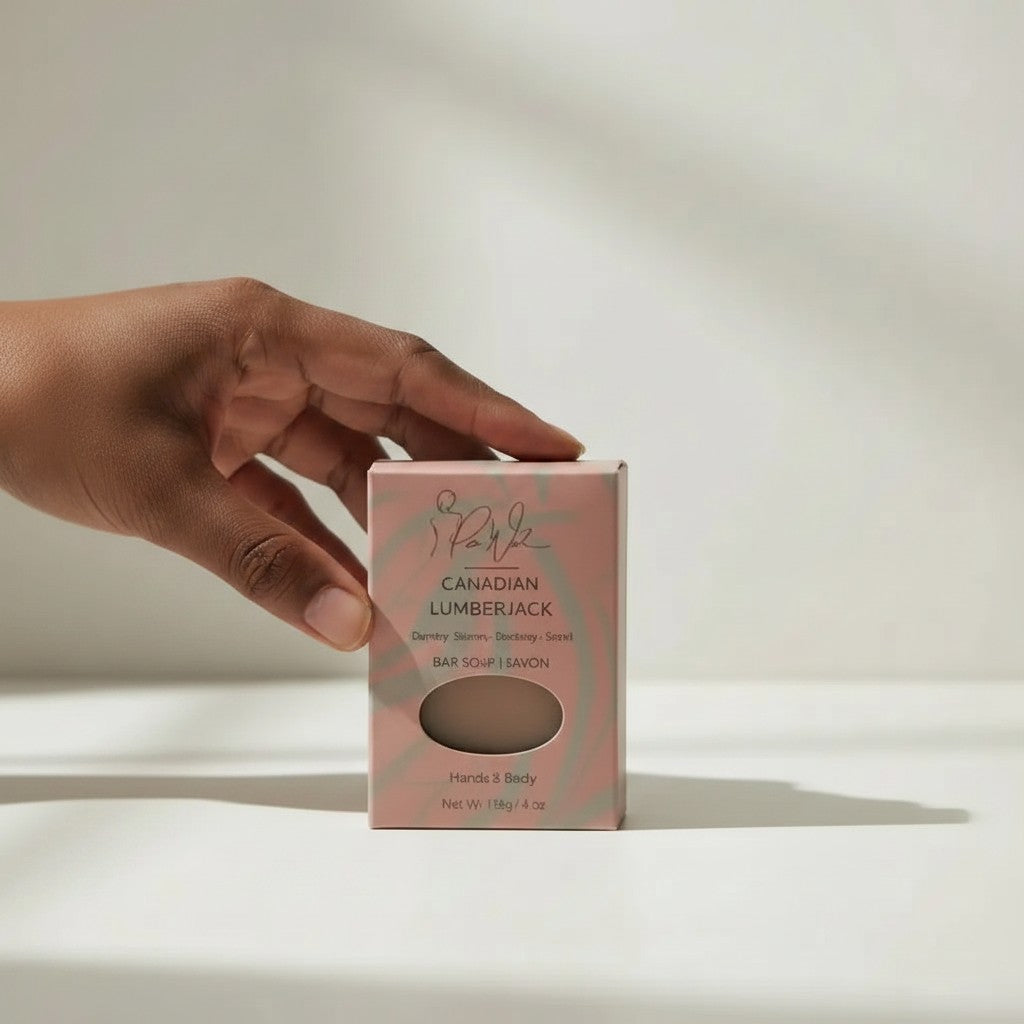 Hand holding a pink box of Oh Canada Gifts Canadian Lumberjack cold-process soap with pine and cedarwood scent.