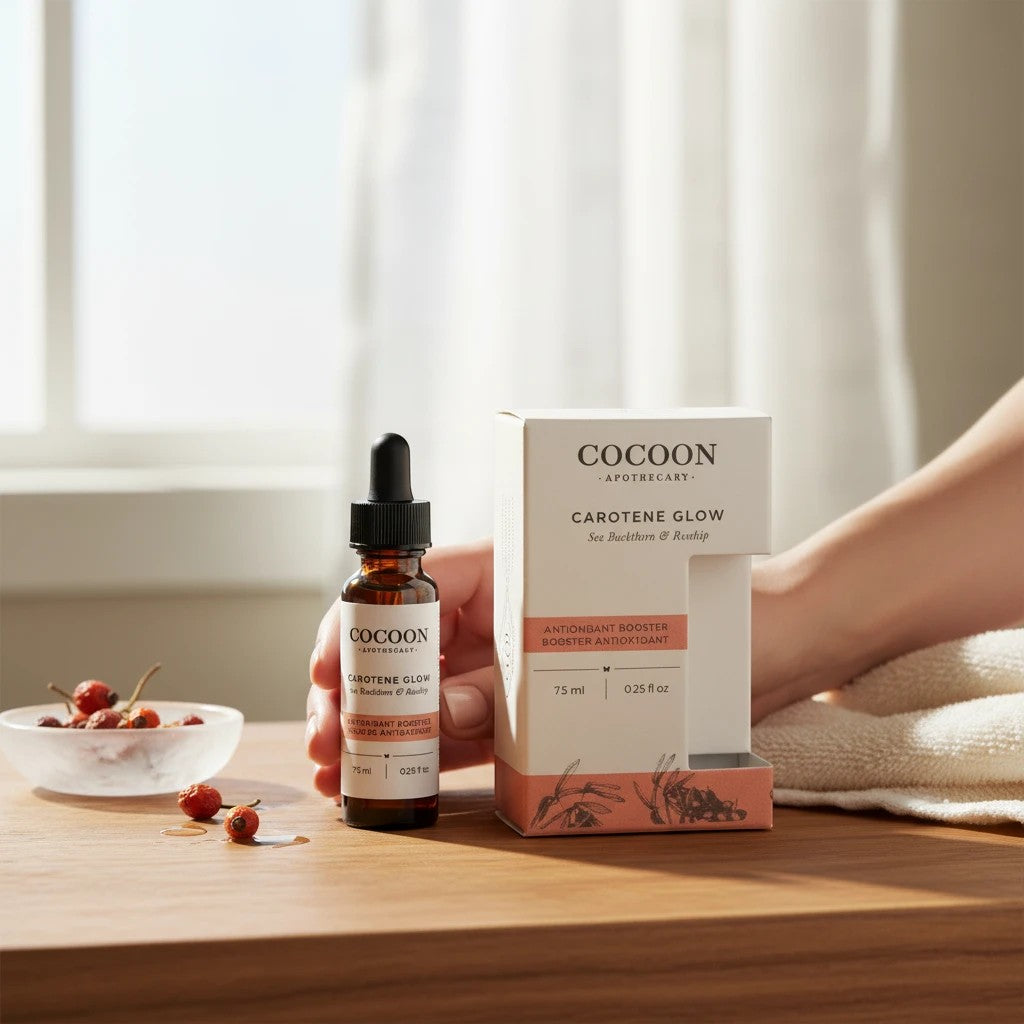 Oh Canada Gifts Cocoon Apothecary Carotene Glow antioxidant facial serum bottle and box on a wooden table
