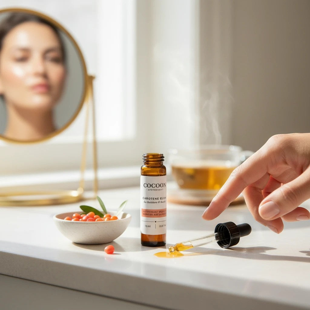 Oh Canada Gifts Carotene Glow Antioxidant Booster serum bottle with dropper and sea buckthorn berries on a vanity.