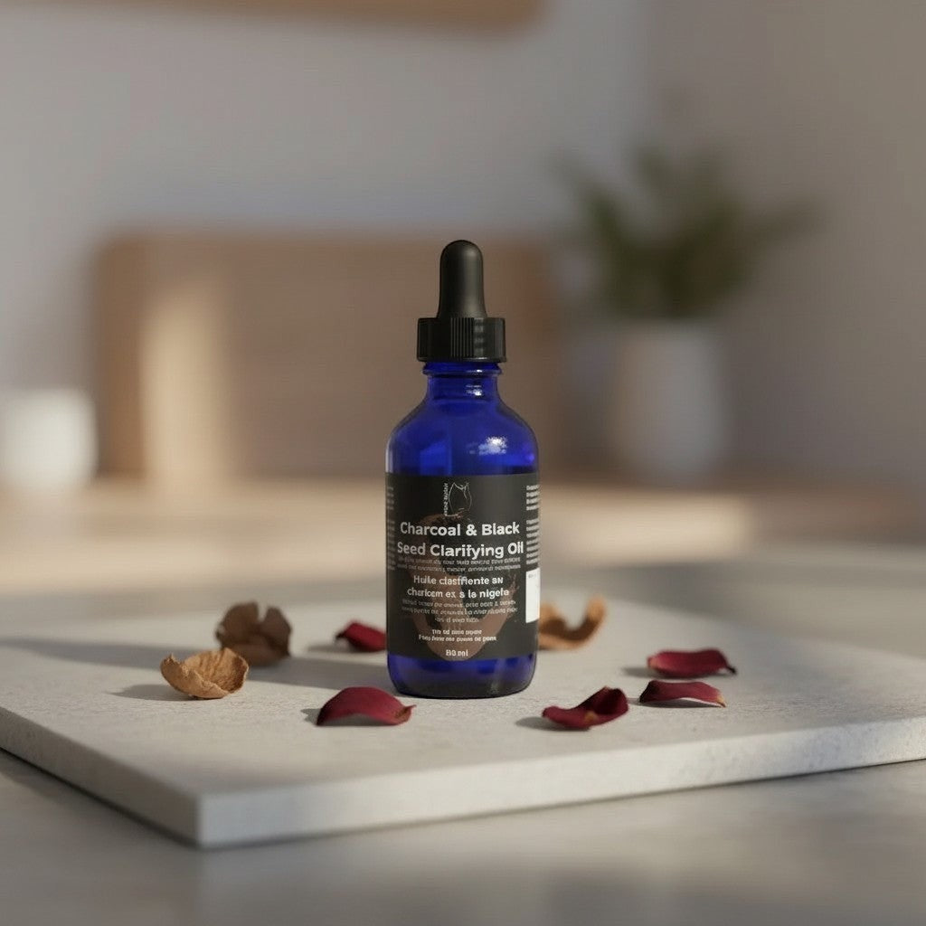 Oh Canada Gifts Charcoal & Black Seed Clarifying Oil in a blue glass dropper bottle on a stone tray with rose petals.