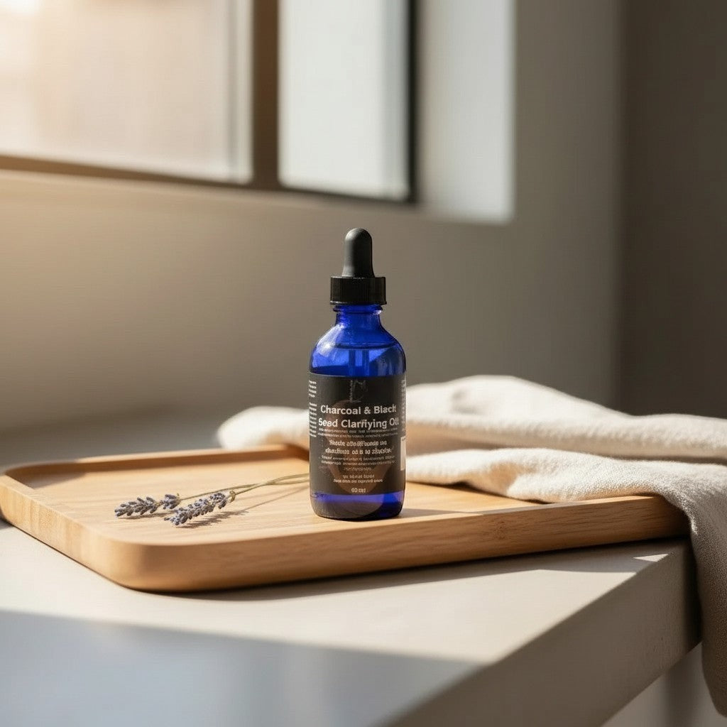 Oh Canada Gifts Charcoal & Black Seed Clarifying Oil in a blue glass dropper bottle on a wooden tray with lavender.