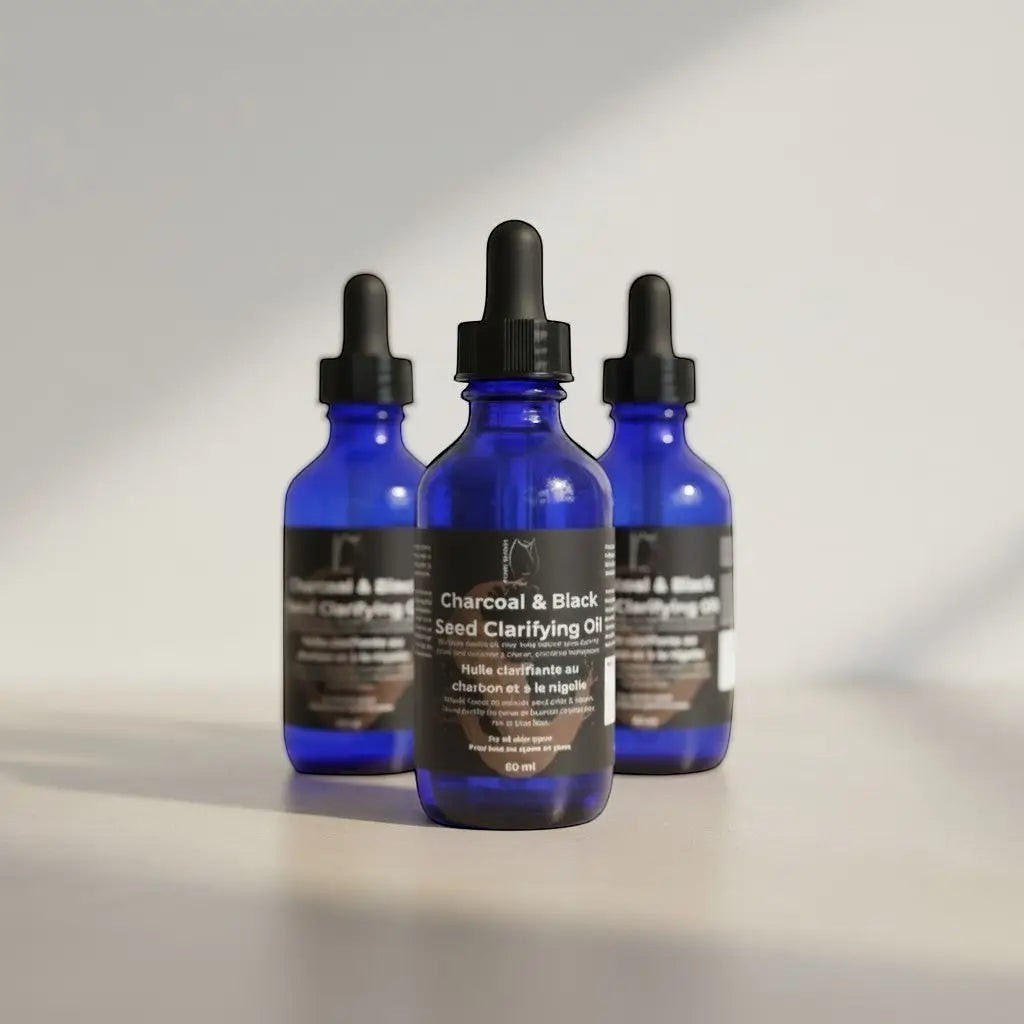 Oh Canada Gifts Charcoal and Black Seed Clarifying Oil in three blue glass dropper bottles on a neutral surface.