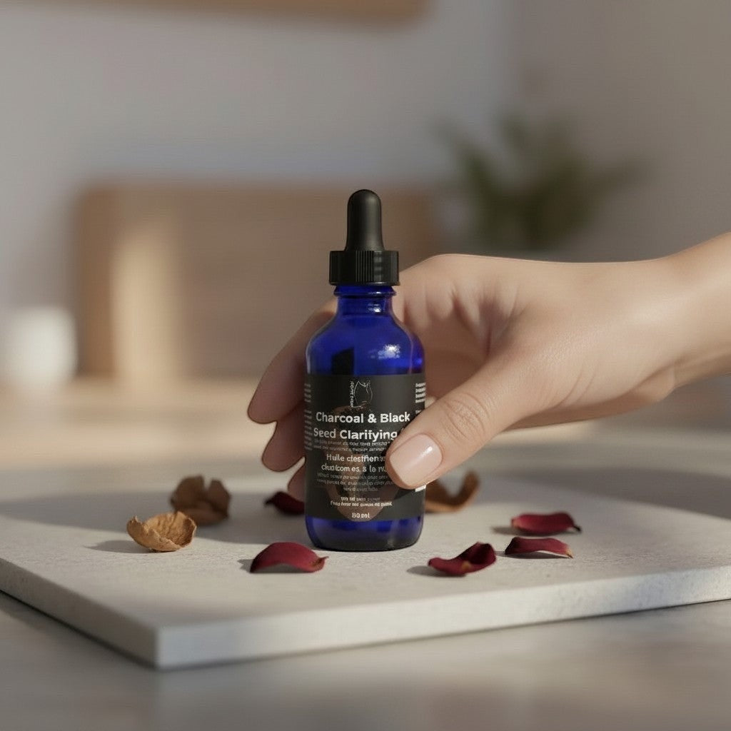 Oh Canada Gifts Charcoal and Black Seed Clarifying Oil in a blue glass dropper bottle held by a hand on a stone tray.