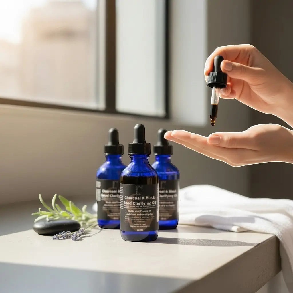 Oh Canada Gifts Charcoal & Black Seed Clarifying Oil in blue glass bottles with dropper, being applied to a hand.